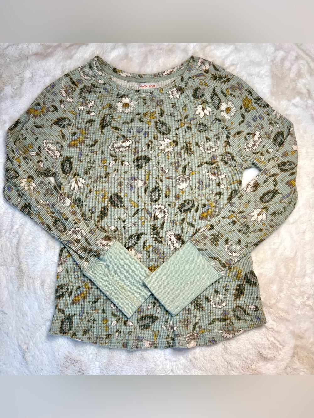 Knox Rose Sage Green Floral Waffle Knit Thermal Top Boho